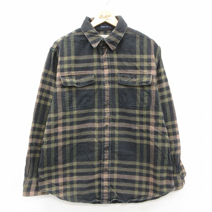 XL★古着 セントジョンズベイ 長袖 フランネル シャツ メンズ コットン 濃緑他 グリーン チェック 25oct24 中古 トップス