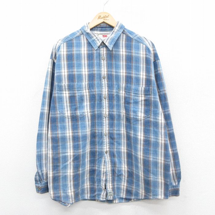 XL★古着 リーバイス Levis 長袖 フランネル シャツ メンズ 大きいサイズ コットン 薄紺他 ネイビー チェック 25oct25 中古 トップス