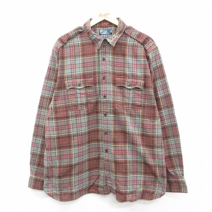XL★古着 ラルフローレン Ralph Lauren 長袖 ブランド ヘビー フランネル シャツ メンズ 90年代 90s 大きいサイズ コットン 薄緑系他 グリーン チェック 【spe】 25oct25 中古 トップス