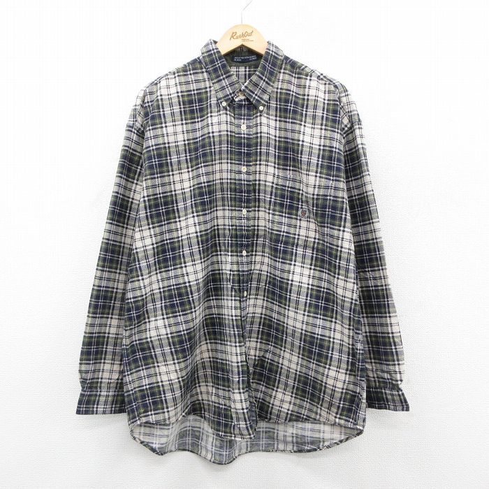 XL★古着 長袖 フランネル シャツ メンズ 00年代 00s ワンポイントロゴ 大きいサイズ ロング丈 コットン ボタンダウン 紺他 ネイビー チェック 25oct25 中古 トップス