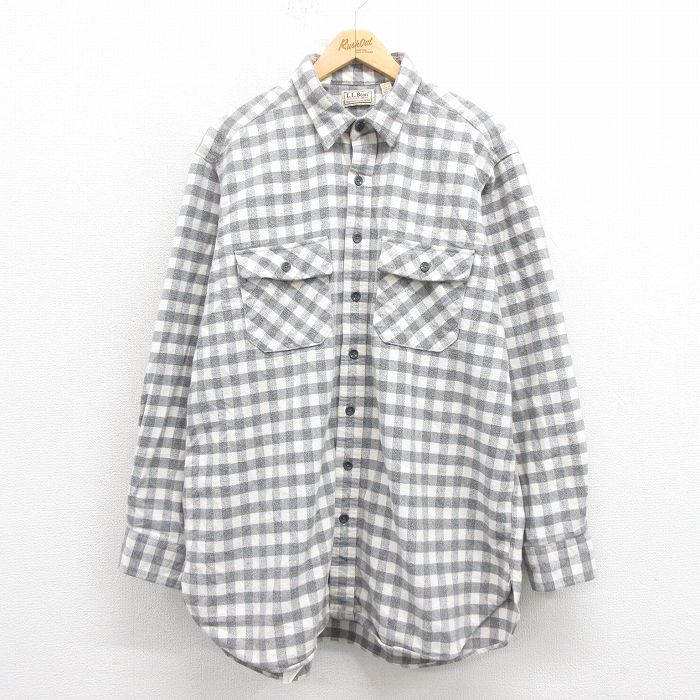 XL★古着 エルエルビーン LLBEAN 長袖 ヘビー フランネル シャツ メンズ 80年代 80s シャモアクロス 大きいサイズ ロング丈 USA製 グレー チェック 【spe】 25oct25 中古 トップス