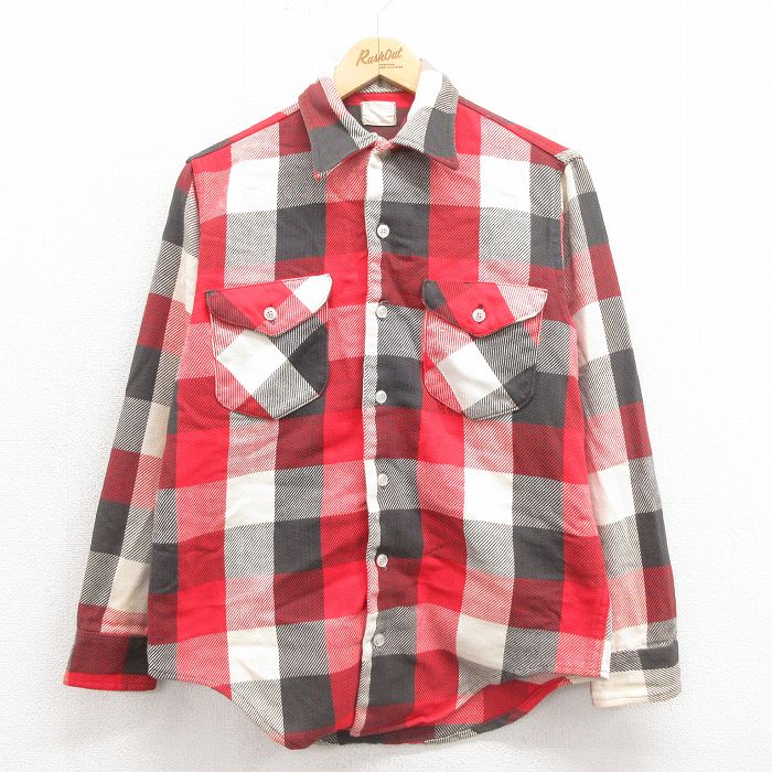 S★古着 オシュコシュ OSHKOSH 長袖 ヘビー フランネル シャツ メンズ 70年代 70s コットン 赤他 レッド チェック 25oct25 中古 トップス