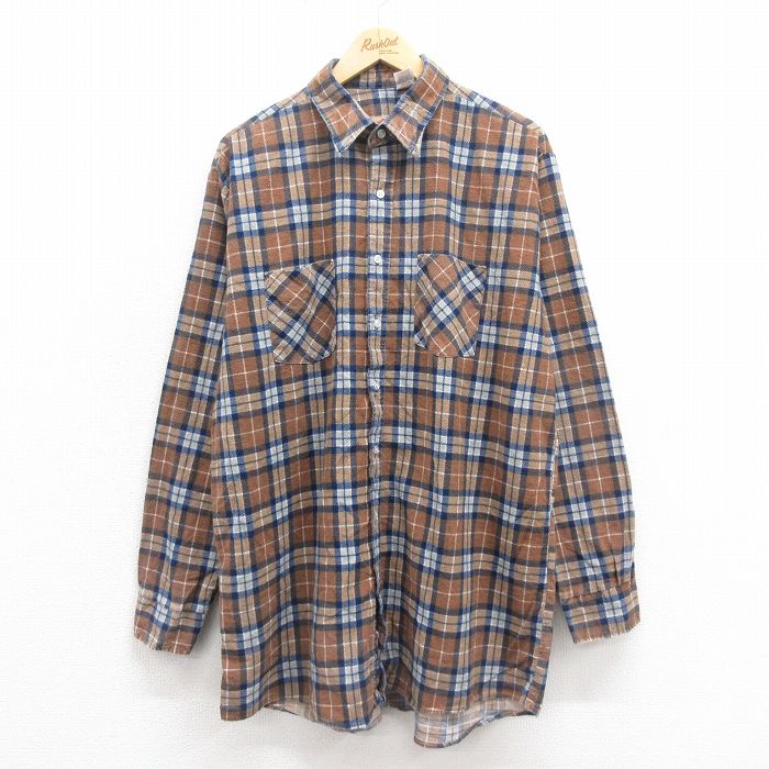 XL★古着 長袖 フランネル シャツ メンズ 90年代 90s ロング丈 コットン USA製 茶他 ブラウン チェック 25oct25 中古 トップス