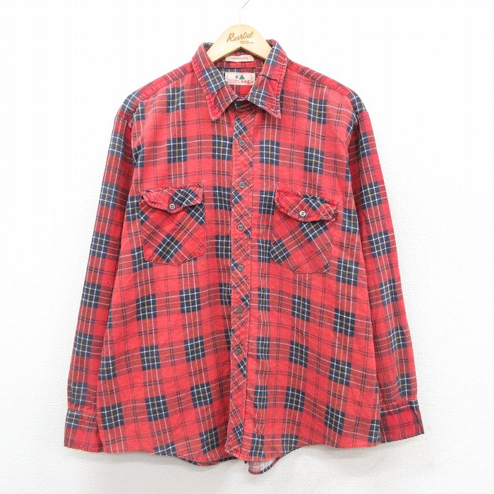 XL★古着 長袖 フランネル シャツ メンズ 90年代 90s 大きいサイズ 赤他 レッド オンブレチェック 25oct28 中古 トップス