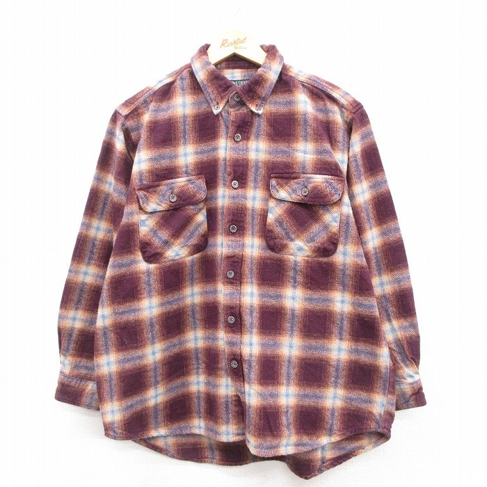 L★古着 長袖 ヘビー フランネル シャツ メンズ コットン ボタンダウン エンジ他 チェック 25oct28 中古 トップス