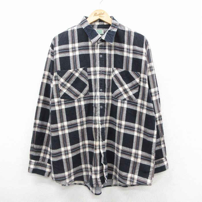 XL★古着 長袖 ヘビー フランネル シャツ メンズ 00年代 00s 大きいサイズ コットン 黒他 ブラック チェック 25oct28 中古 トップス
