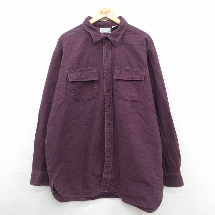 XL★古着 エルエルビーン LLBEAN 長袖 ヘビー フランネル シャツ メンズ 80年代 80s シャモアクロス 大きいサイズ ロング丈 コットン USA製 エンジ 25oct28 中古 トップス