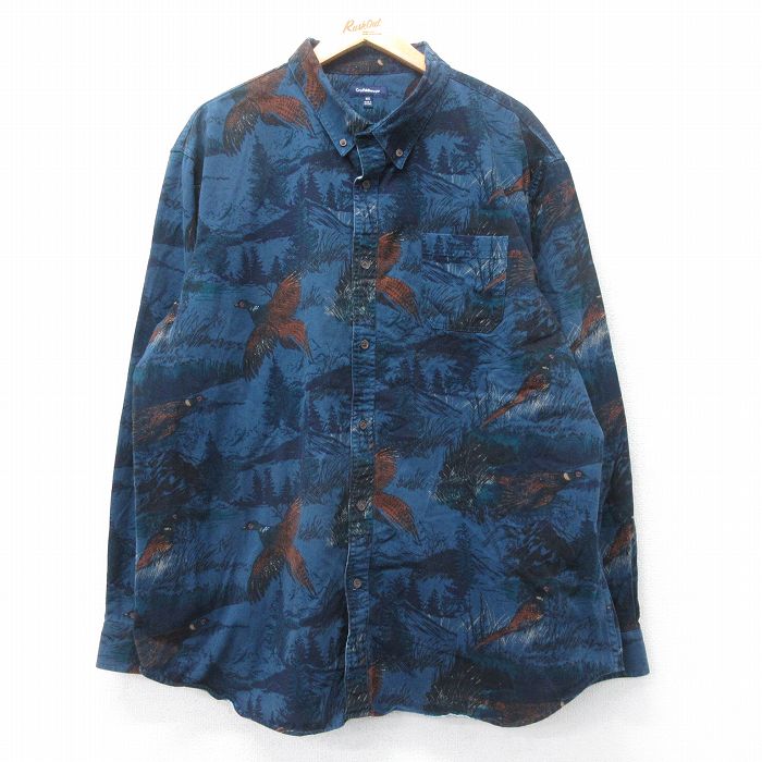 XL★古着 長袖 ヘビー フランネル シャツ メンズ 鳥 大きいサイズ ロング丈 コットン ボタンダウン 紺他 ネイビー 25oct27 中古 トップス