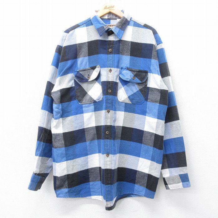【20%OFF】XL★古着 長袖 ヘビー フランネル シャツ メンズ 00年代 00s 大きいサイズ ロング丈 青他 ブルー チェック 【spe】 25oct27 中古 トップス