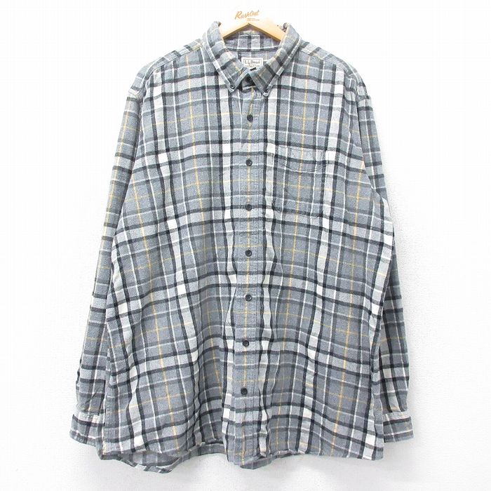 XL★古着 エルエルビーン LLBEAN 長袖 フランネル シャツ メンズ 00年代 00s 大きいサイズ ロング丈 コットン ボタンダウン グレー他 チェック 25oct27 中古 トップス