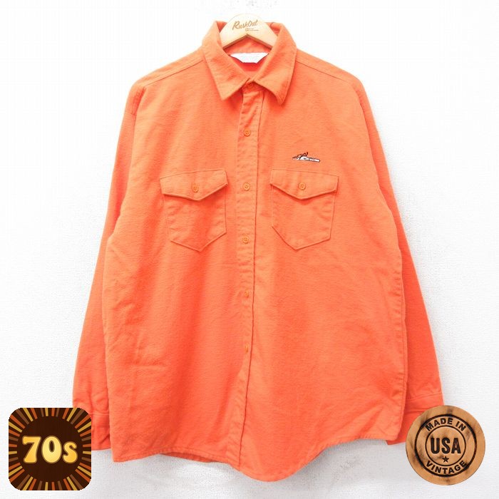 ヘビー 70s 長袖フランネルシャツ チェーンソー オレンジ XL | 古着