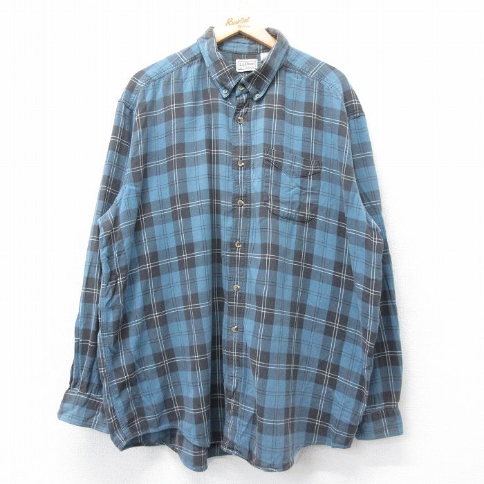 XL★古着 エルエルビーン LLBEAN 長袖 フランネル シャツ メンズ 00年代 00s 大きいサイズ ロング丈 コットン ボタンダウン 紺他 ネイビー チェック 25oct27 中古 トップス
