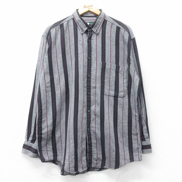 XL★古着 長袖 フランネル シャツ メンズ 90年代 90s コットン ボタンダウン グレー他 ストライプ 25oct27 中古 トップス