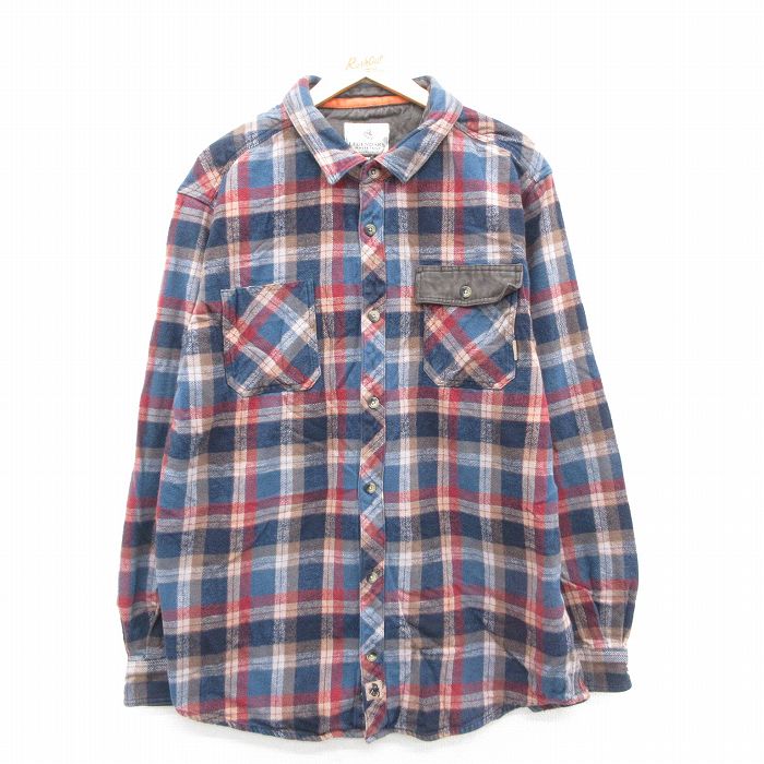 XL★古着 長袖 ヘビー フランネル シャツ メンズ ロング丈 コットン 紺他 ネイビー チェック 25oct29 中古 トップス