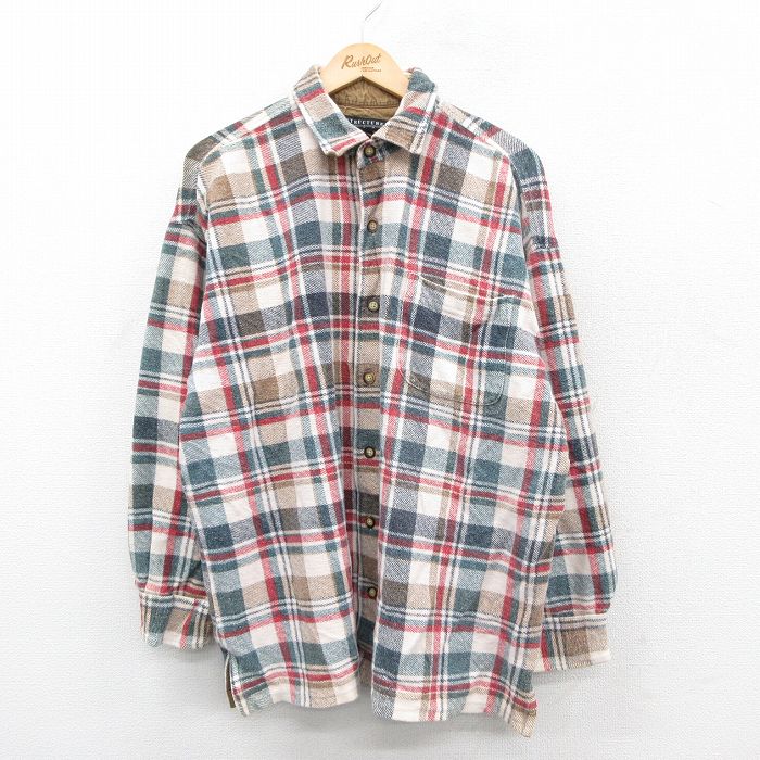 XL★古着 STRUCTURE 長袖 ヘビー フランネル シャツ メンズ 大きいサイズ コットン ベージュ他 カーキ チェック 25oct29 中古 トップス