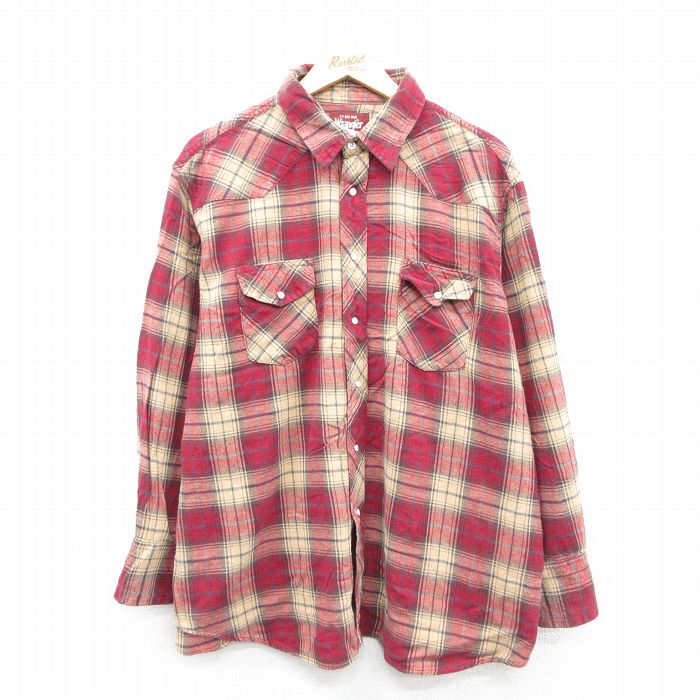 XL★古着 ラングラー Wrangler 長袖 ウエスタン フランネル シャツ メンズ 90年代 90s 大きいサイズ コットン エンジ系他 チェック 25oct29 中古 トップス