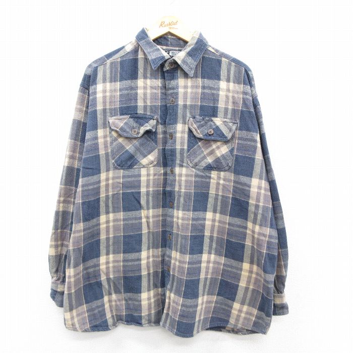 XL★古着 長袖 ヘビー フランネル シャツ メンズ 大きいサイズ コットン 紺他 ネイビー チェック 25oct29 中古 トップス