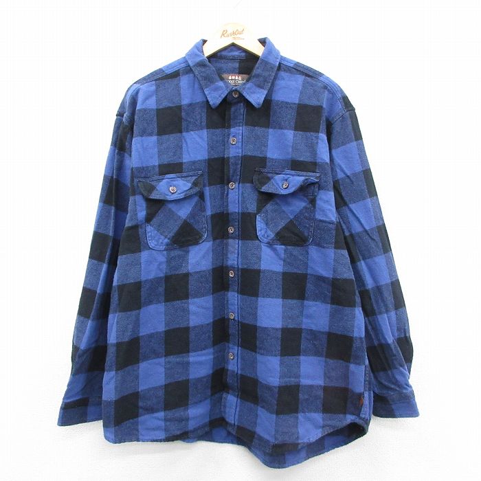 XL★古着 長袖 ヘビー フランネル シャツ メンズ コットン 紺他 ネイビー バッファロー チェック 25oct29 中古 トップス