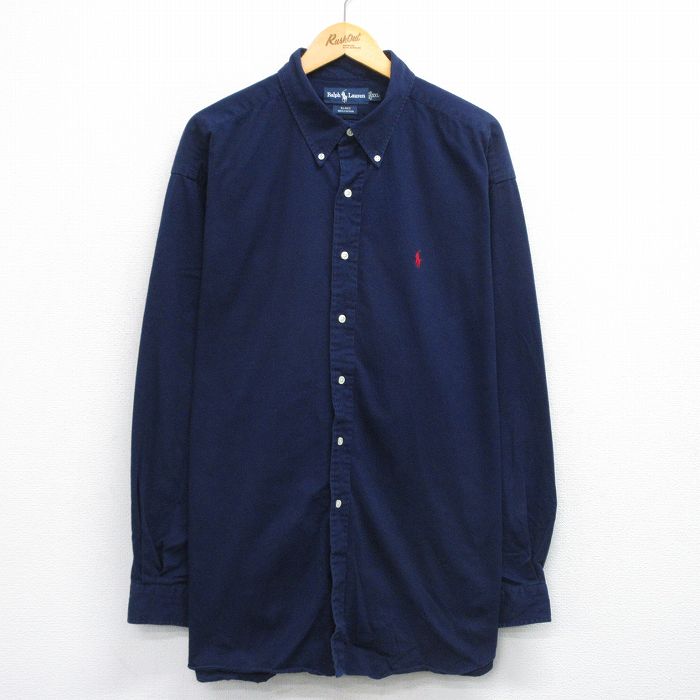 XL★古着 ラルフローレン Ralph Lauren 長袖 ブランド シャツ メンズ 90年代 90s ワンポイントロゴ BLAKE 大きいサイズ ロング丈 コットン ボタンダウン 紺 ネイビー 25oct30 中古 トップス