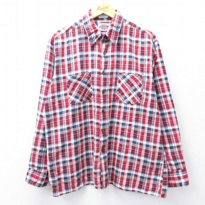 XL★古着 ディッキーズ Dickies 長袖 フランネル シャツ メンズ 80年代 80s コットン 赤他 レッド チェック 【spe】 25oct31 中古 トップス
