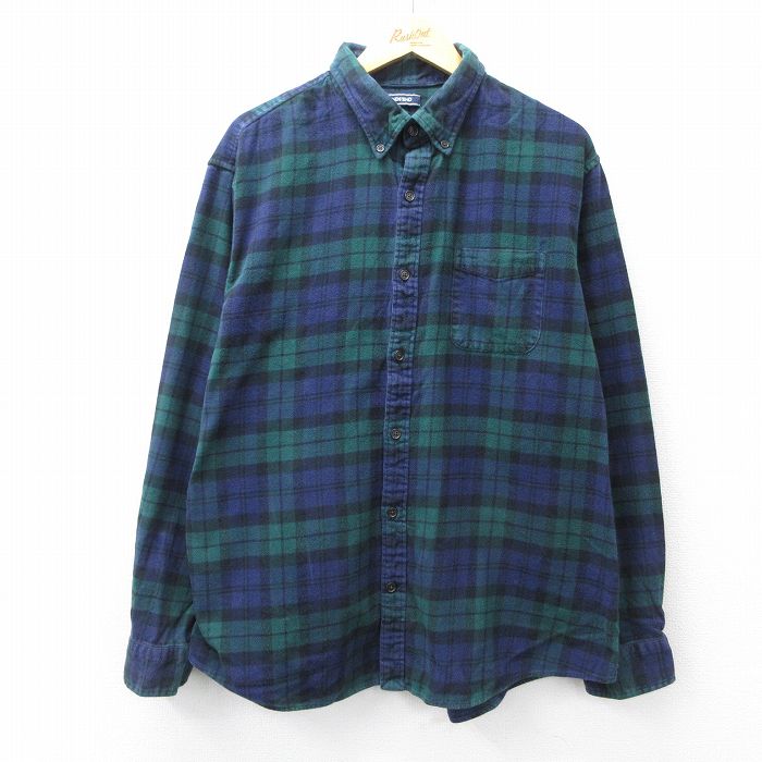 XL★古着 ランズエンド 長袖 フランネル シャツ メンズ 大きいサイズ コットン ボタンダウン 紺他 タータン チェック ブラックウォッチ 25nov11