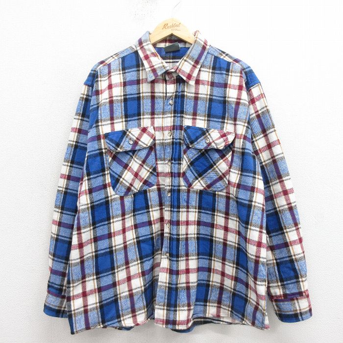XL★古着 長袖 ヘビー フランネル シャツ メンズ 00年代 00s 大きいサイズ コットン 青 チェック 25nov12