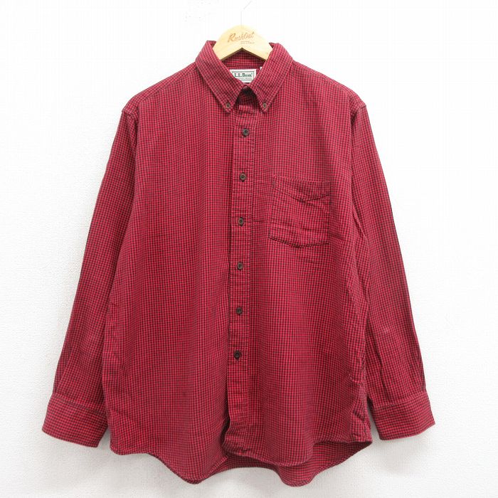 XL★古着 エルエルビーン 長袖 フランネル シャツ メンズ 90年代 90s コットン USA製 赤 チェック 25nov12