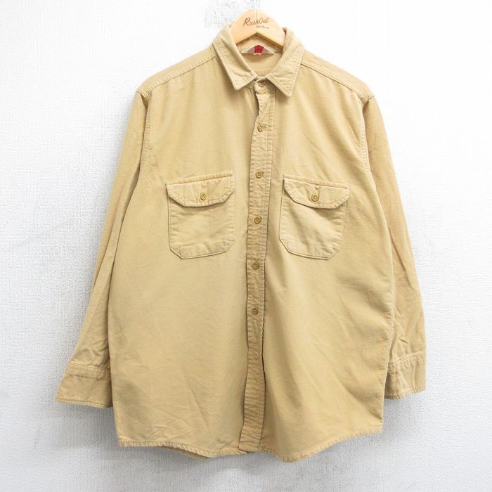 L★古着 長袖 フランネル シャツ メンズ 80年代 80s コットン USA製 黄 25nov13
