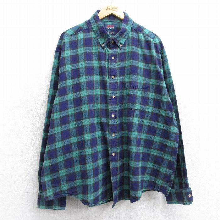 XL★古着 アロー 長袖 フランネル シャツ メンズ 90年代 90s 大きいサイズ コットン ボタンダウン 緑他 チェック 25nov13