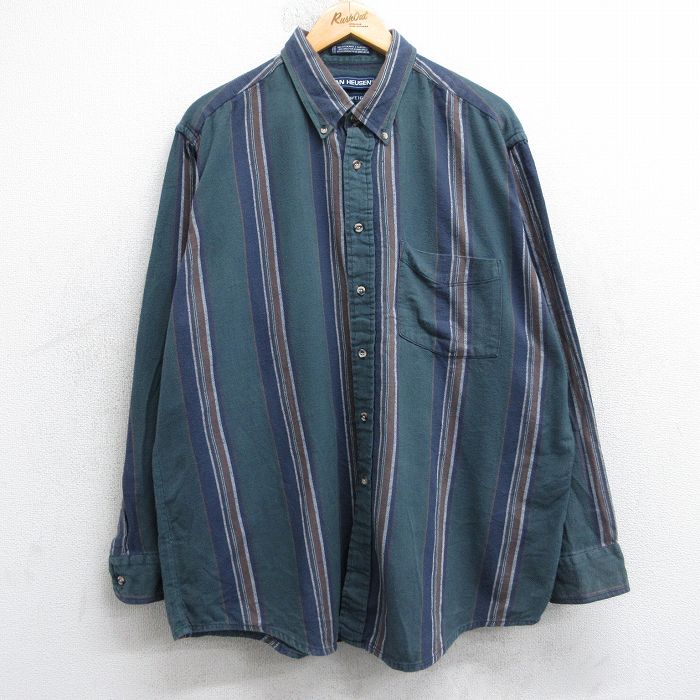 XL★古着 バンヒューセン 長袖 フランネル シャツ メンズ 90年代 90s コットン ボタンダウン 緑他 ストライプ 25nov13