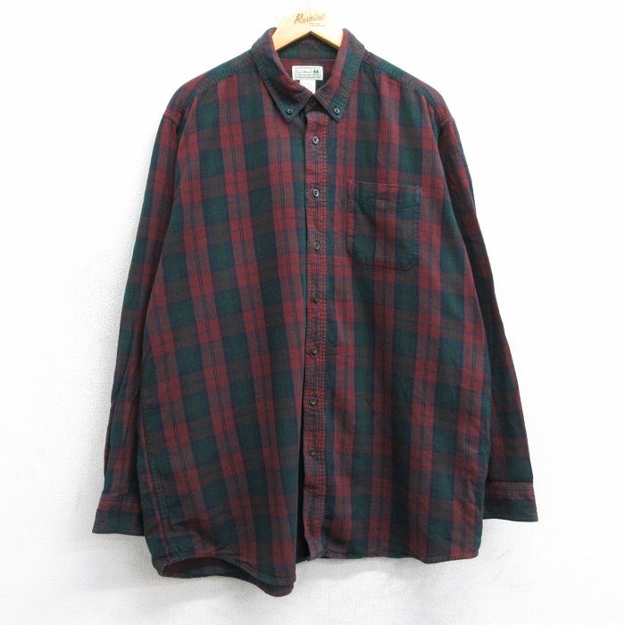 XL★古着 エルエルビーン 長袖 フランネル シャツ メンズ 00年代 00s ロング丈 コットン ボタンダウン エンジ他 チェック 25nov13