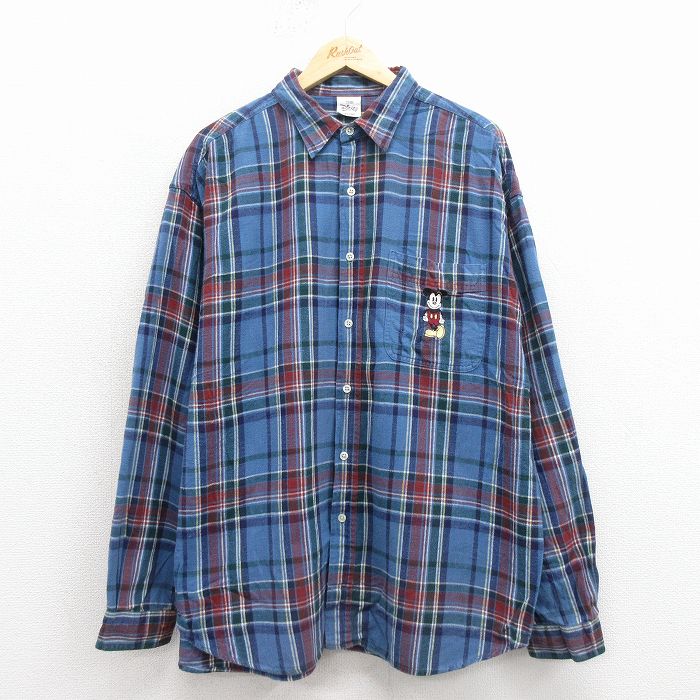 XL★古着 長袖 フランネル シャツ メンズ 00年代 00s ディズニー ミッキー 大きいサイズ 紺他 チェック【spe】 25nov18