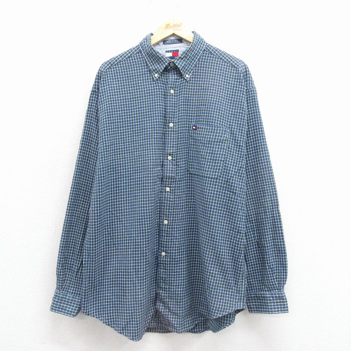 トミーヒルフィガー 90s 長袖シャツ ワンポイントロゴ ネイビーチェック XL | 古着