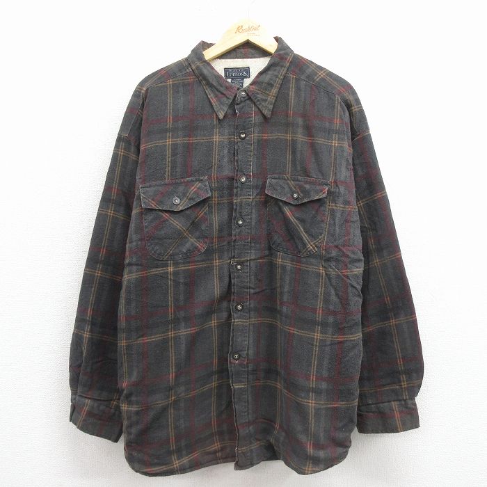 XL★古着 ベーシックエディションズ 長袖 フランネル シャツ メンズ 90年代 90s 大きいサイズ ロング丈 グレー他 チェック 内側ボア 25nov18