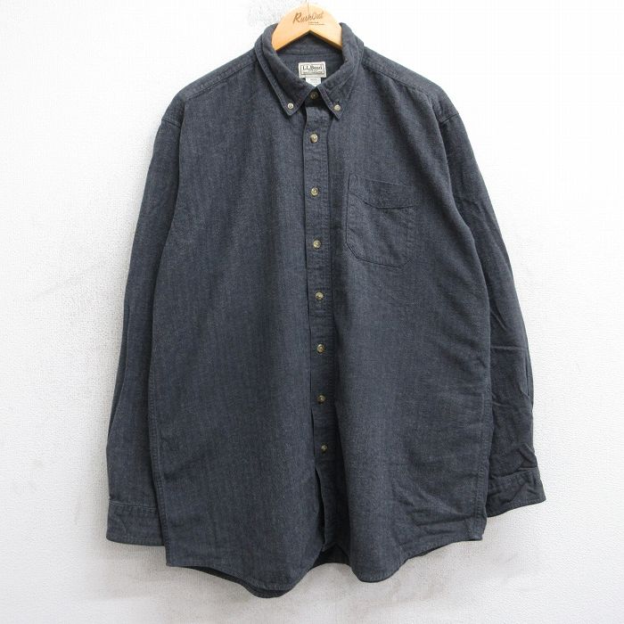XL★古着 エルエルビーン 長袖 フランネル シャツ メンズ 00年代 00s 大きいサイズ ロング丈 コットン ボタンダウン 濃グレー 25nov20