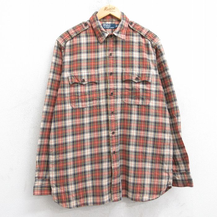 【20%OFF】L★古着 ラルフローレン 長袖 ブランド フランネル シャツ メンズ 90年代 90s コットン オレンジ他 チェック 25nov20
