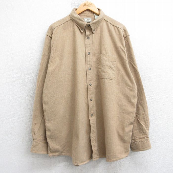 XL★古着 エルエルビーン 長袖 フランネル シャツ メンズ 00年代 00s 大きいサイズ ロング丈 コットン ボタンダウン カナダ製 ベージュ 25nov20