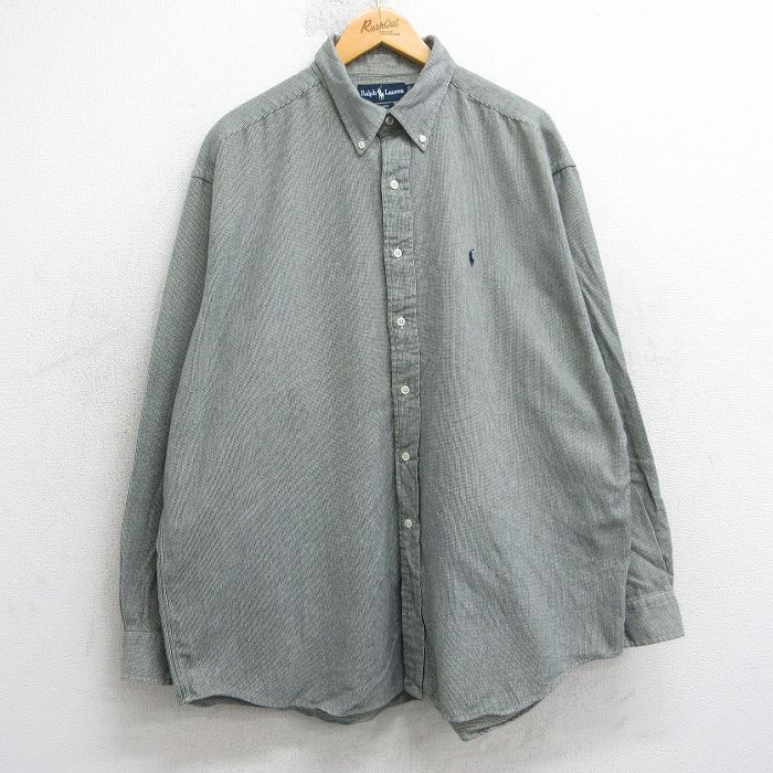 XL★古着 ラルフローレン 長袖 ブランド フランネル シャツ メンズ 90年代 90s ワンポイントロゴ BLAIRE 大きいサイズ ロング丈 コットン ボタンダウン 濃緑系他【spe】 25nov20