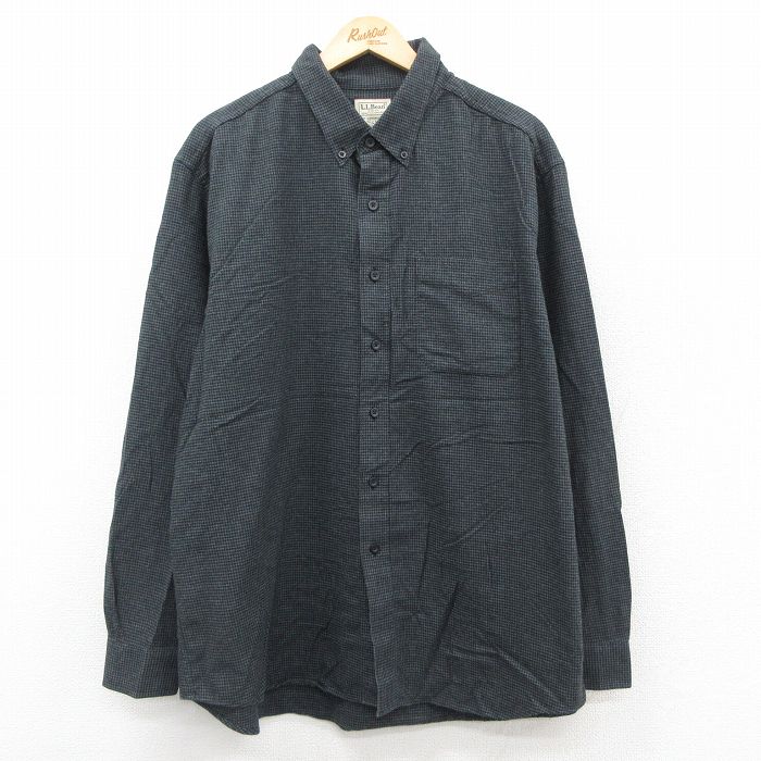 XL★古着 エルエルビーン 長袖 フランネル シャツ メンズ 00年代 00s 千鳥格子 大きいサイズ コットン ボタンダウン 黒他 25nov20
