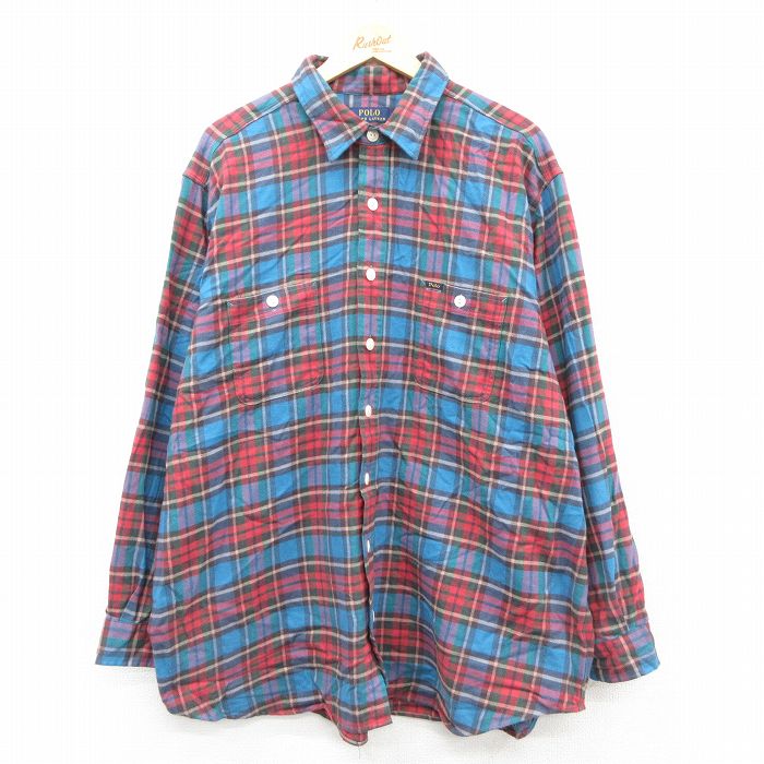 XL★古着 ラルフローレン 長袖 ブランド フランネル シャツ メンズ 大きいサイズ ロング丈 水色他 チェック 25nov20