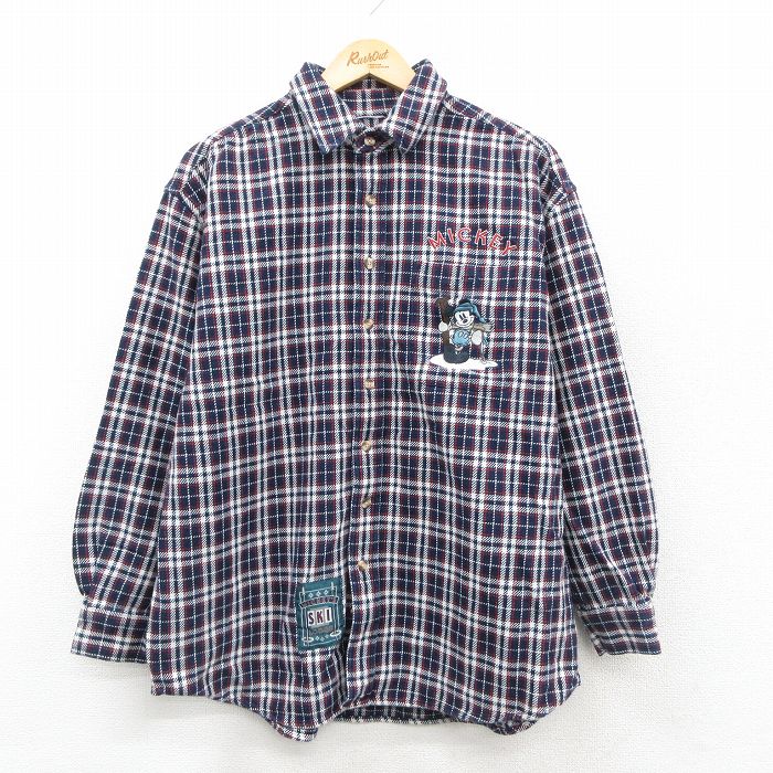 ディズニー 長袖フランネルシャツ ミッキースキー ネイビーチェック XL | 古着