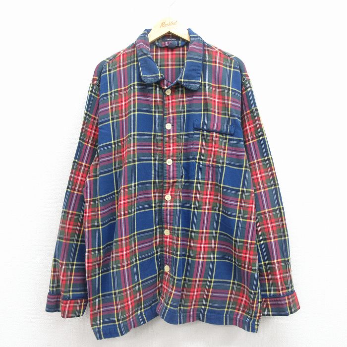 XL★古着 ランズエンド 長袖 フランネル パジャマ シャツ メンズ 大きいサイズ コットン 紺 チェック 25nov22