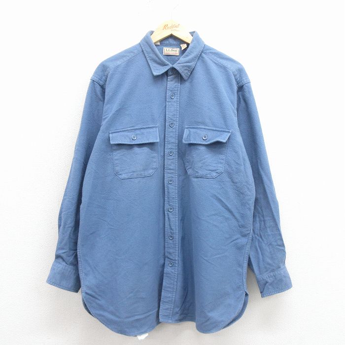 XL★古着 エルエルビーン 長袖 ヘビー フランネル シャツ メンズ 80年代 80s シャモアクロス 大きいサイズ ロング丈 コットン USA製 薄紺【spe】 25nov22
