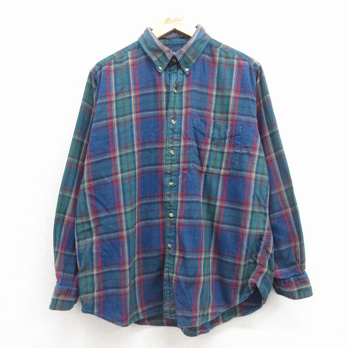 XL★古着 長袖 フランネル シャツ メンズ 90年代 90s コットン ボタンダウン 紺 チェック 25nov22