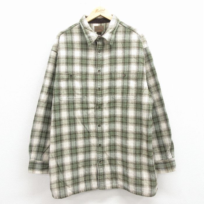 XL★古着 長袖 ヘビー フランネル シャツ メンズ 大きいサイズ ロング丈 コットン 緑 チェック 25nov22