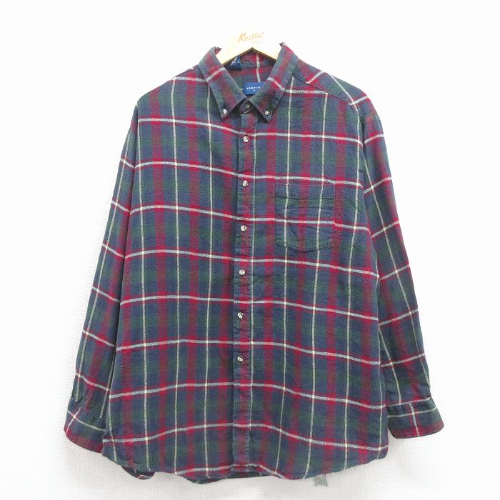 【20%OFF】XL★古着 タウンクラフト 長袖 フランネル シャツ メンズ 大きいサイズ コットン ボタンダウン 紺 チェック 25nov22