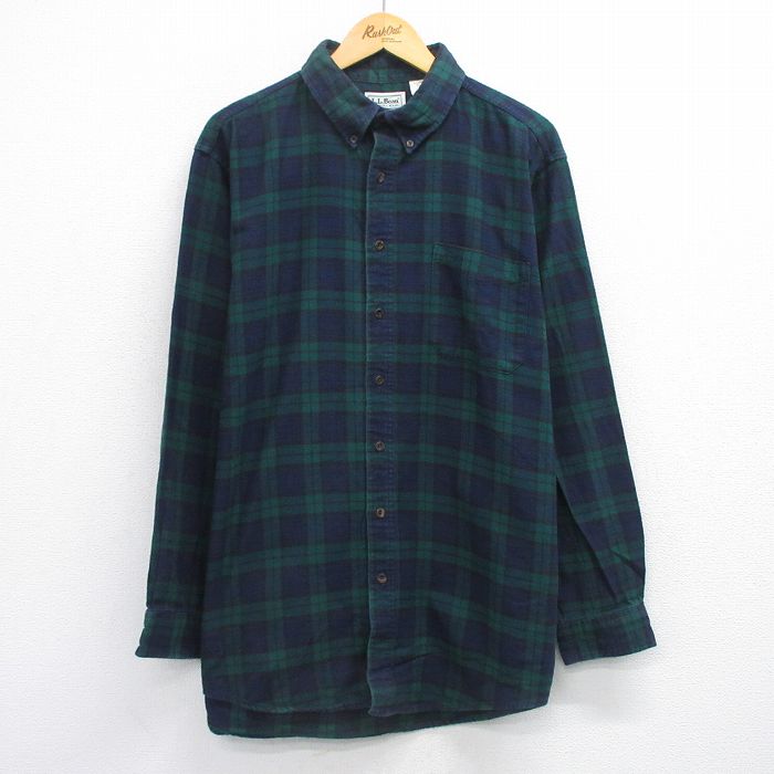 【20%OFF】XL★古着 エルエルビーン 長袖 フランネル シャツ メンズ 80年代 80s 大きいサイズ ロング丈 コットン ボタンダウン USA製 紺他 チェック 25nov26