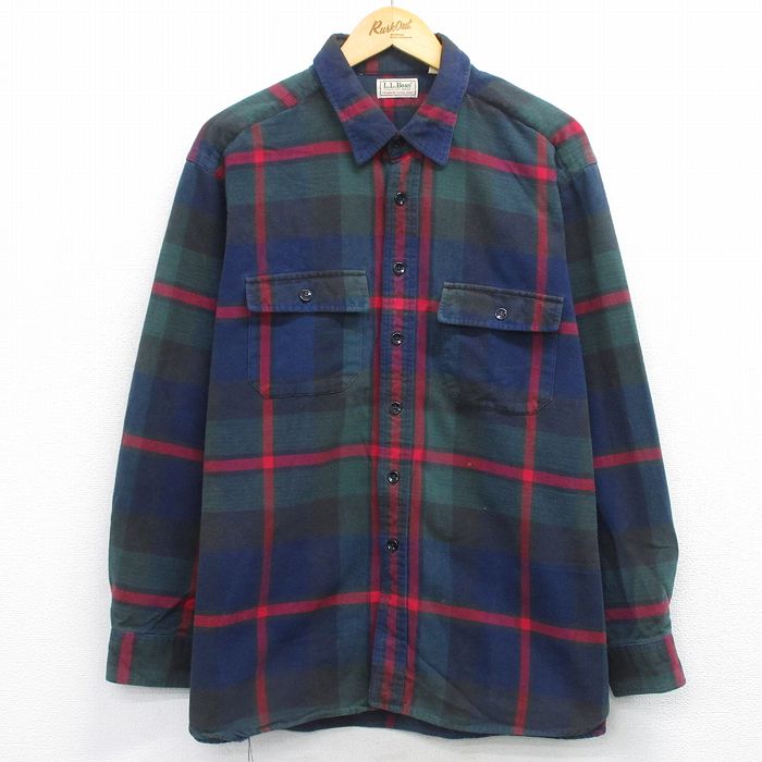 XL★古着 エルエルビーン 長袖 ヘビー フランネル シャツ メンズ 80年代 80s シャモアクロス 大きいサイズ コットン USA製 紺他 チェック 25nov26