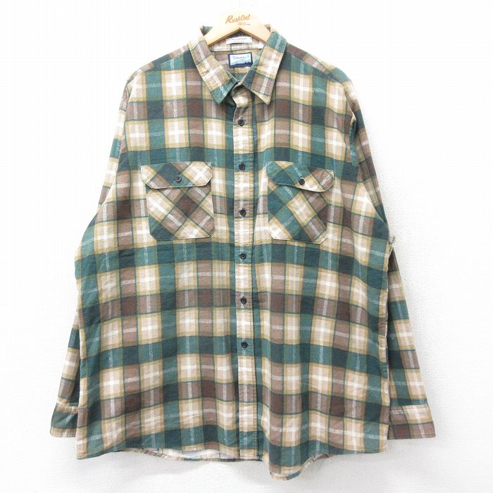 XL★古着 長袖 フランネル シャツ メンズ 90年代 90s 大きいサイズ ロング丈 USA製 濃緑他 チェック 25nov27