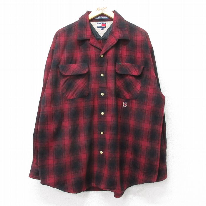 XL★古着 トミーヒルフィガー 長袖 ブランド ウール シャツ メンズ 90年代 90s ワンポイントロゴ 大きいサイズ ロング丈 開襟 オープンカラー エンジ他 オンブレ チェック【spe】 25nov27